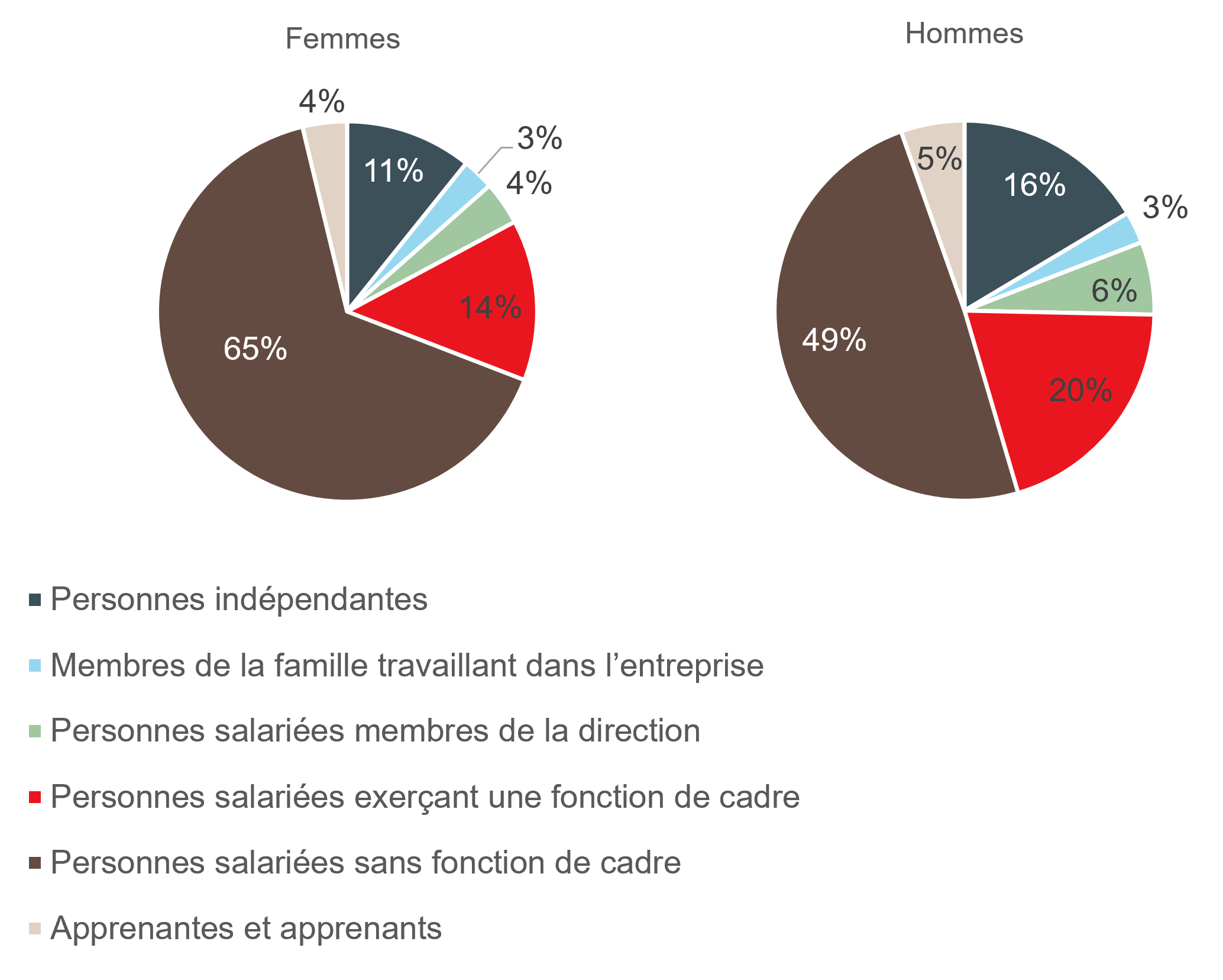 Illustration : statut professionnel des personnes actives au sein de la population résidante permanente selon le sexe, Espace Mittelland, 2023